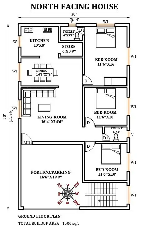 30X50 NORTH FACING HOUSE PLAN